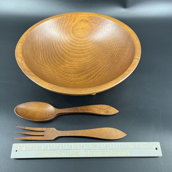 Vintage Footed Wood Salad Bowl Fork Spoon Set By Woodcraftery Made In USA - Picture 8 of 16
